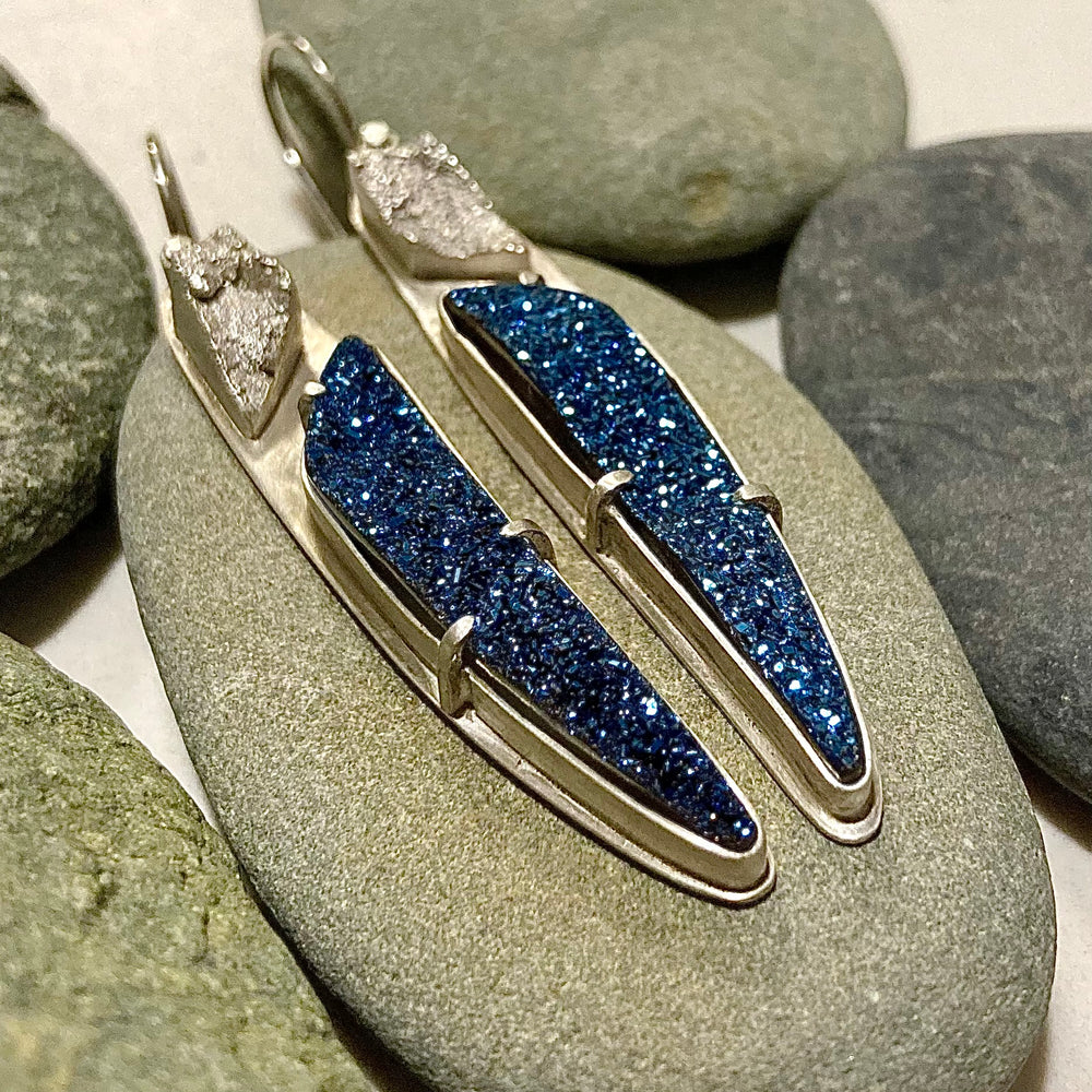 One of a Kind Blue Druzy Sterling Siver Earrings