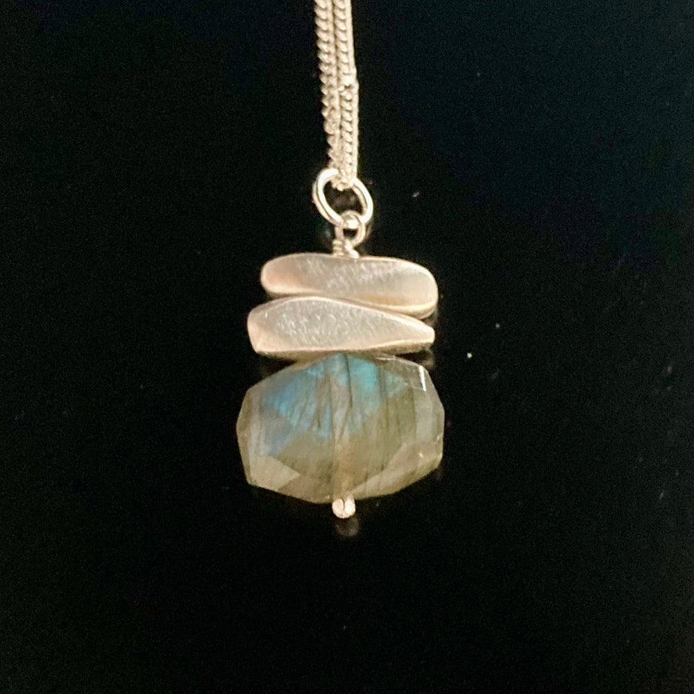 Brushed Sterling Silver Stone and Faceted Stone Pendant Necklace