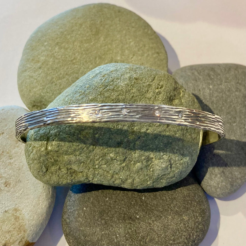 Tree Bark Sterling Silver and Diamonds Cuff