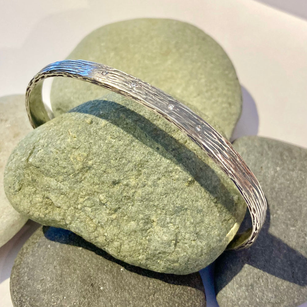 Tree Bark Sterling Silver and Diamonds Cuff