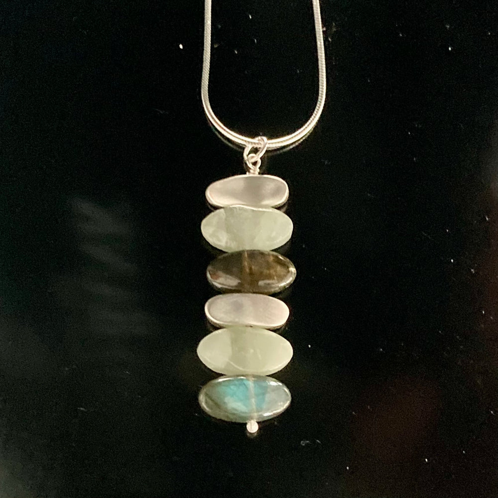 Stacked Stones in Brushed Sterling Silver Aquamarine and Labradorite Pendant Necklace