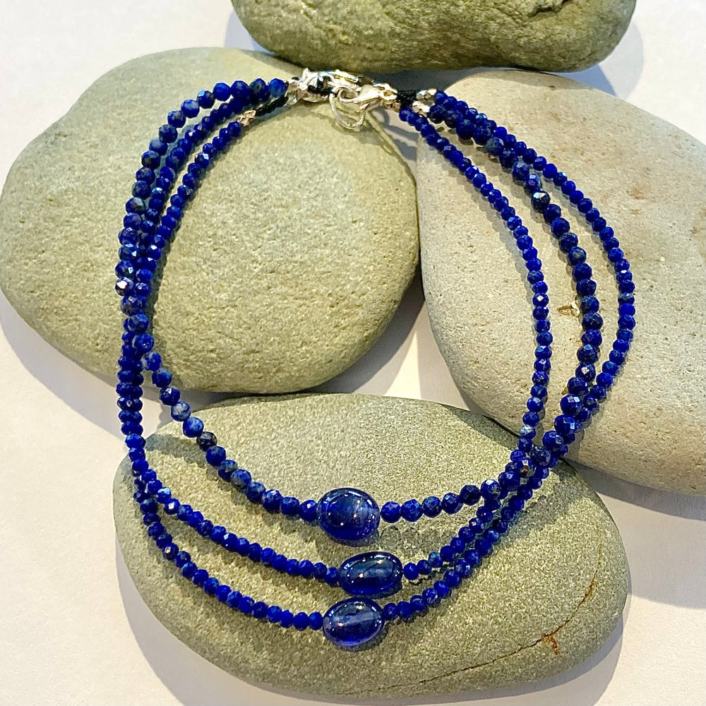 One of a Kind Faceted Lapis and Sapphire Cabachon Bracelets