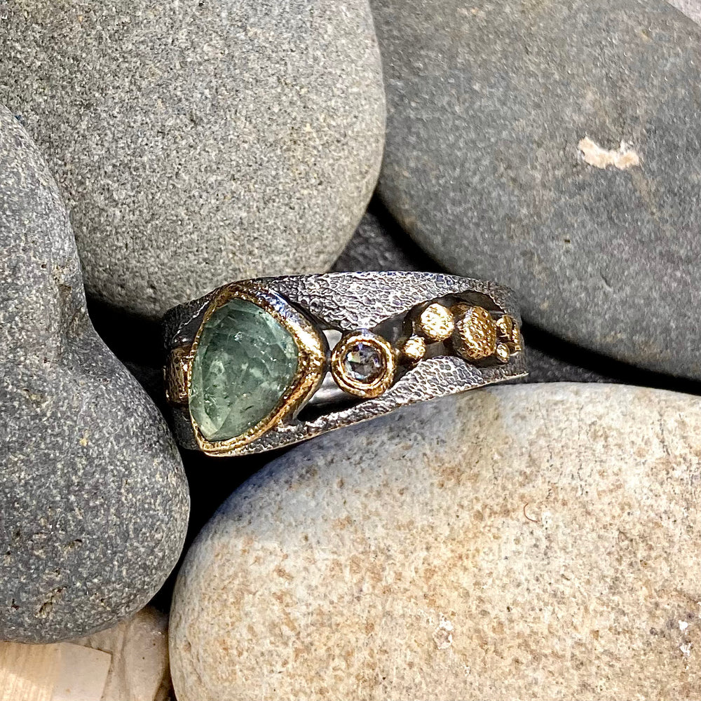 One of a Kind Faceted Blue Green Tourmaline with Salt and Pepper Diamond, 18K Gold River Pebbles Textured Oxidized Sterling Silver Stream Ring