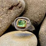 One of a Kind Glacier Lake Faceted Green Tourmaline with Diamonds 18K Gold Textured Oxidized Sterling Silver Signet Ring