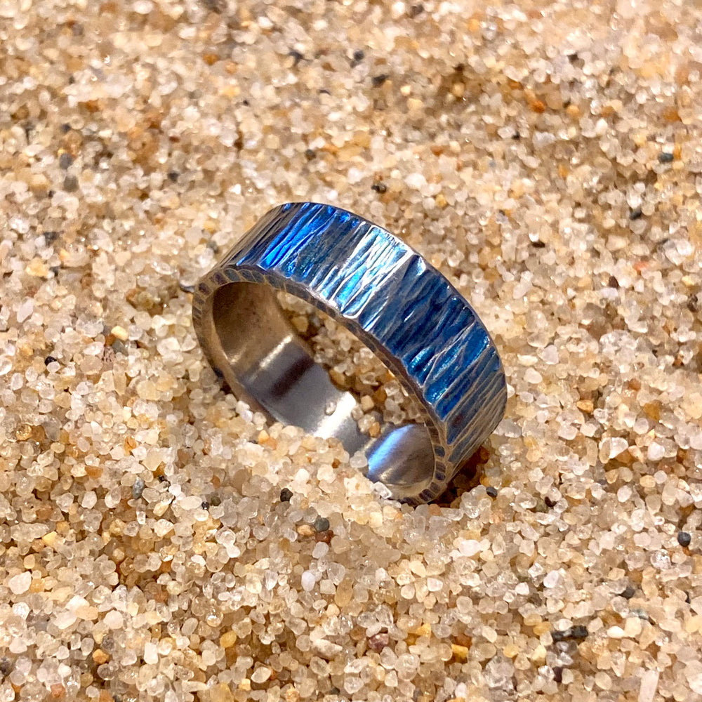 Blue Patina Woodgrain Titanium Ring