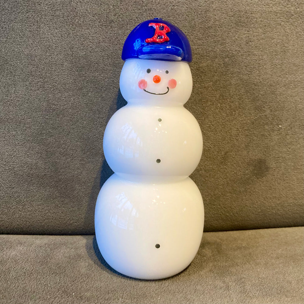 Glass Snow Man with Red Sox Cap
