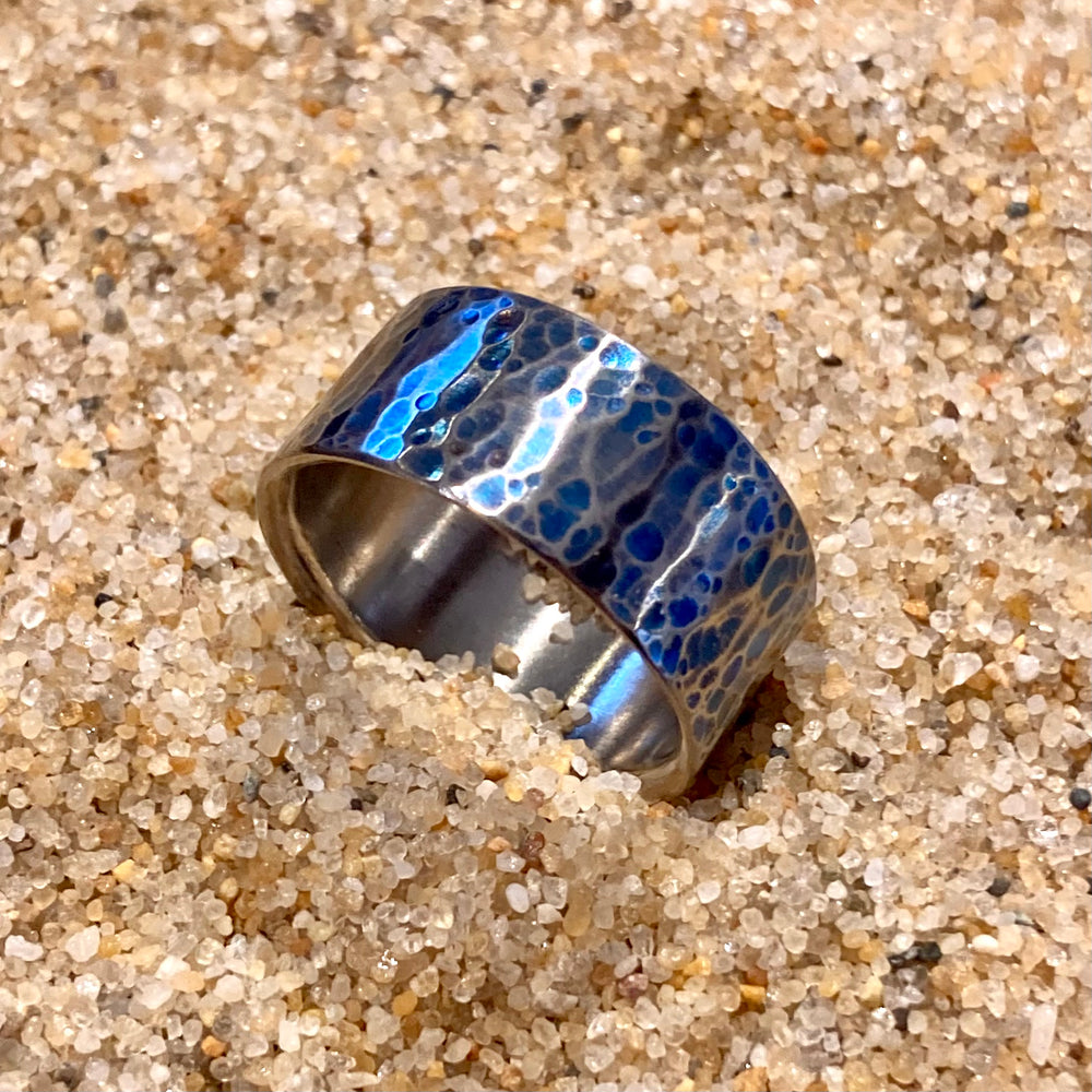 Blue Patina Hammered Titanium Ring