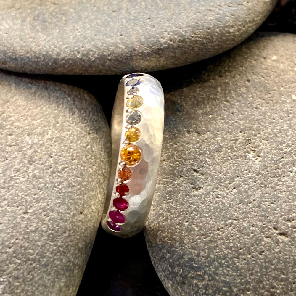 Edge Rainbow Sapphires Hammered Sterling Silver Ring