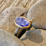 One of a Kind Faceted Tanzanite in 18K Gold Etched Sterling Silver Ring with Diamonds