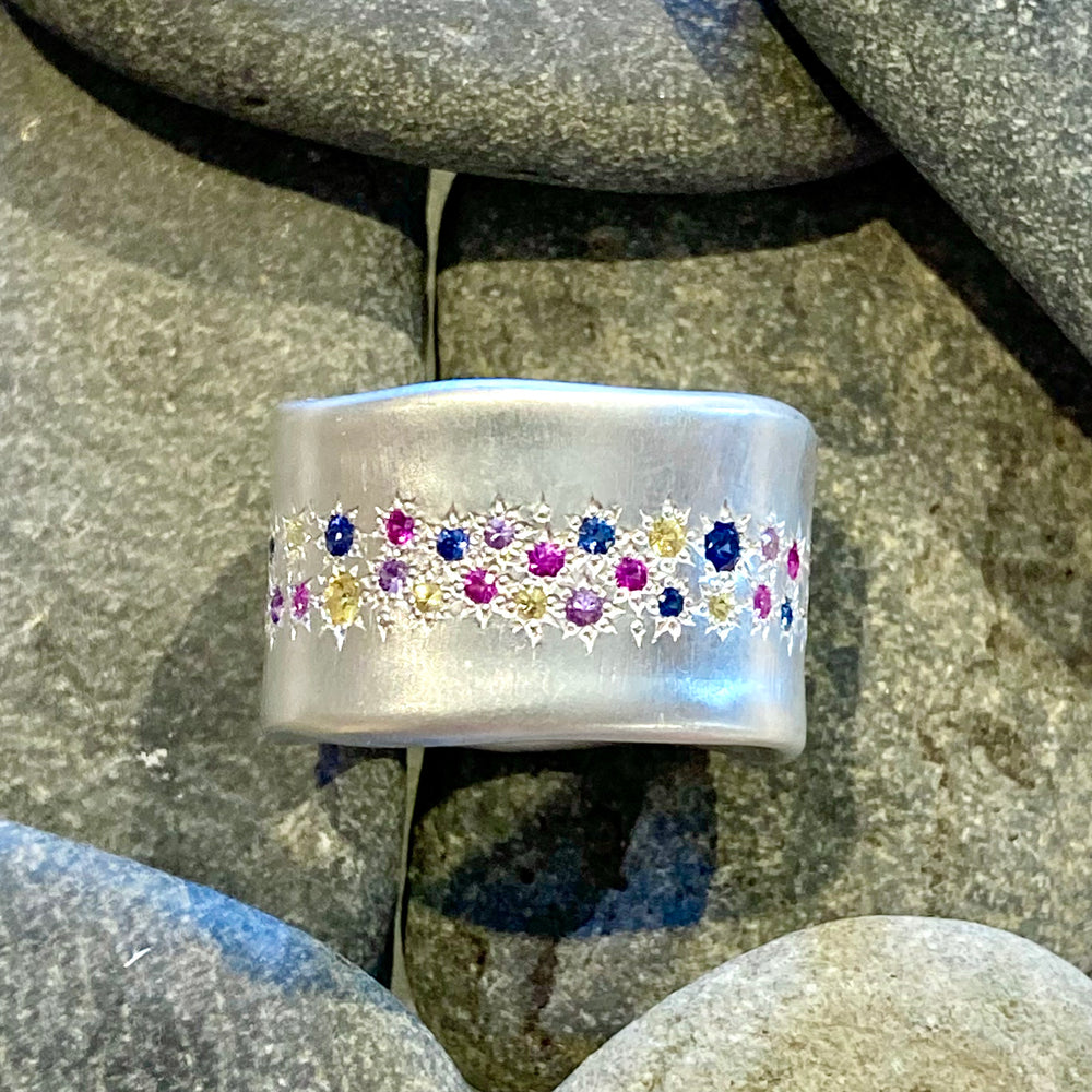 Fireworks Multicolor Sapphires Organic Sterling Silver Ring