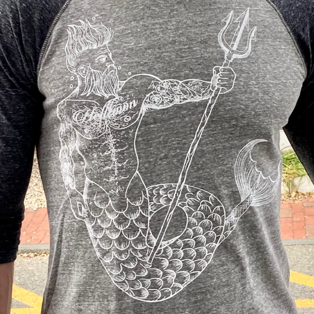 Helltown Merman Baseball Shirt with heather grey body, charcoal 3/4 sleeves
