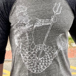 Helltown Merman Baseball Shirt with heather grey body, charcoal 3/4 sleeves
