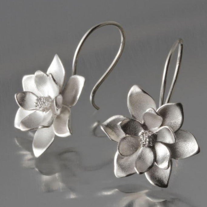 Large Magnolia Sterling Silver Loop Earrings