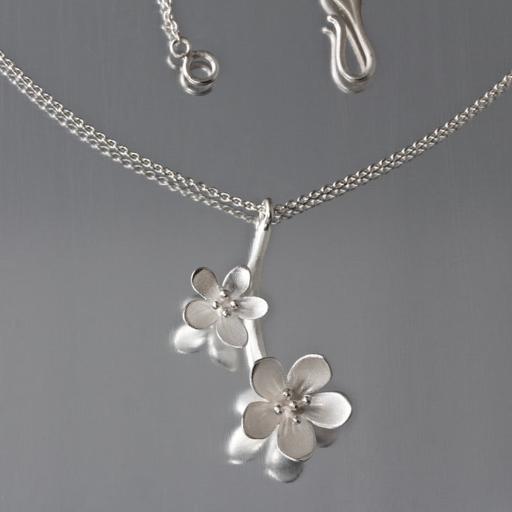 Dainty Sterling Silver Cherry Blossom Pebble Pendant Necklace