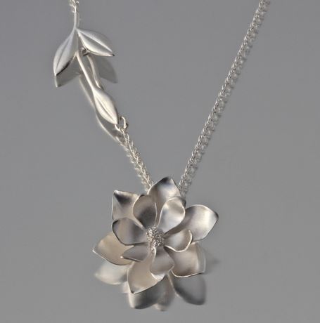 Large Magnolia Sterling Silver Pendant Necklace