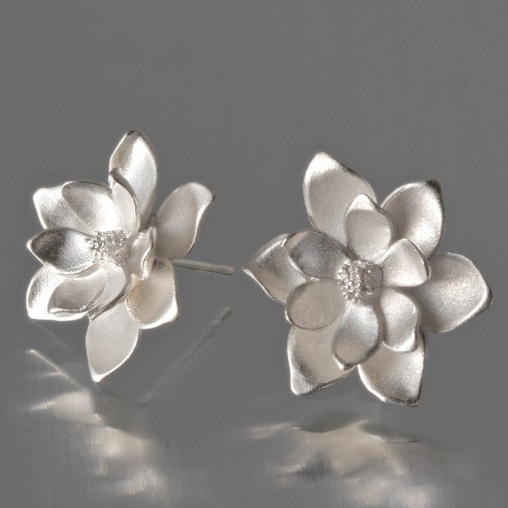 Large Magnolia Sterling Silver Post Earrings