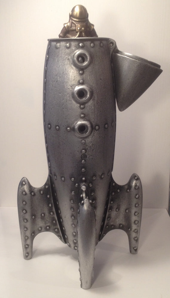 Cast Bronze and Aluminum Rocket Ship and Astronaut Coin Bank