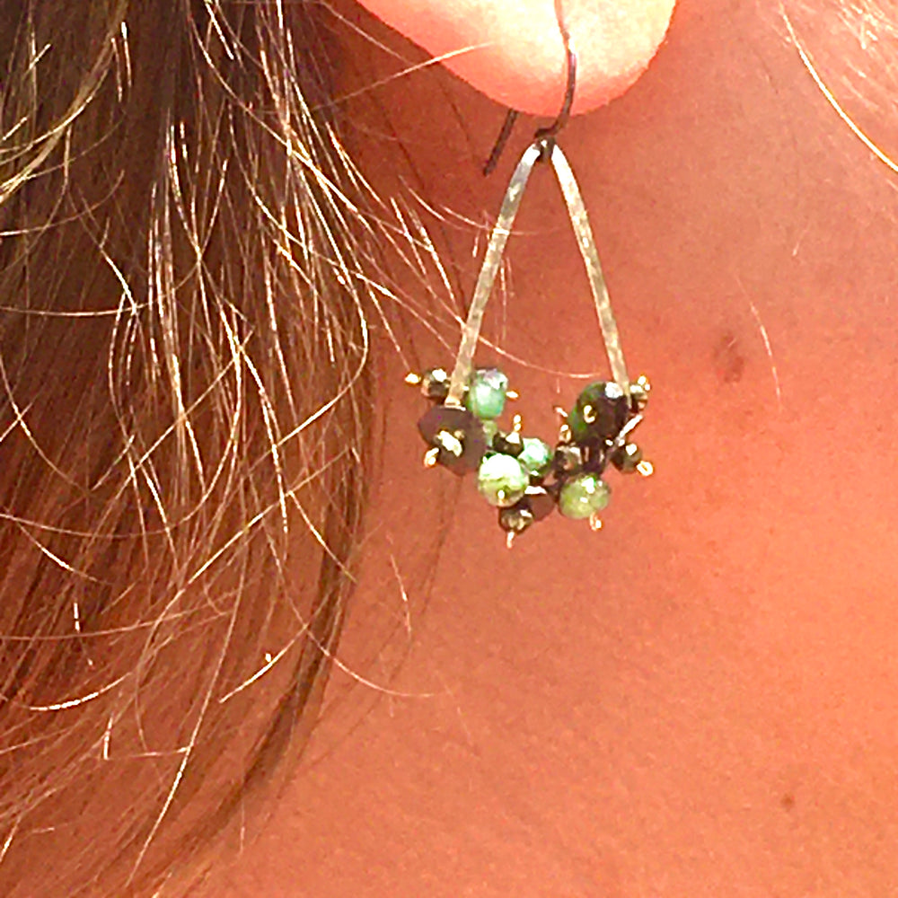 Emerald and Pyrite Beaded Earrings on Hammered Gold