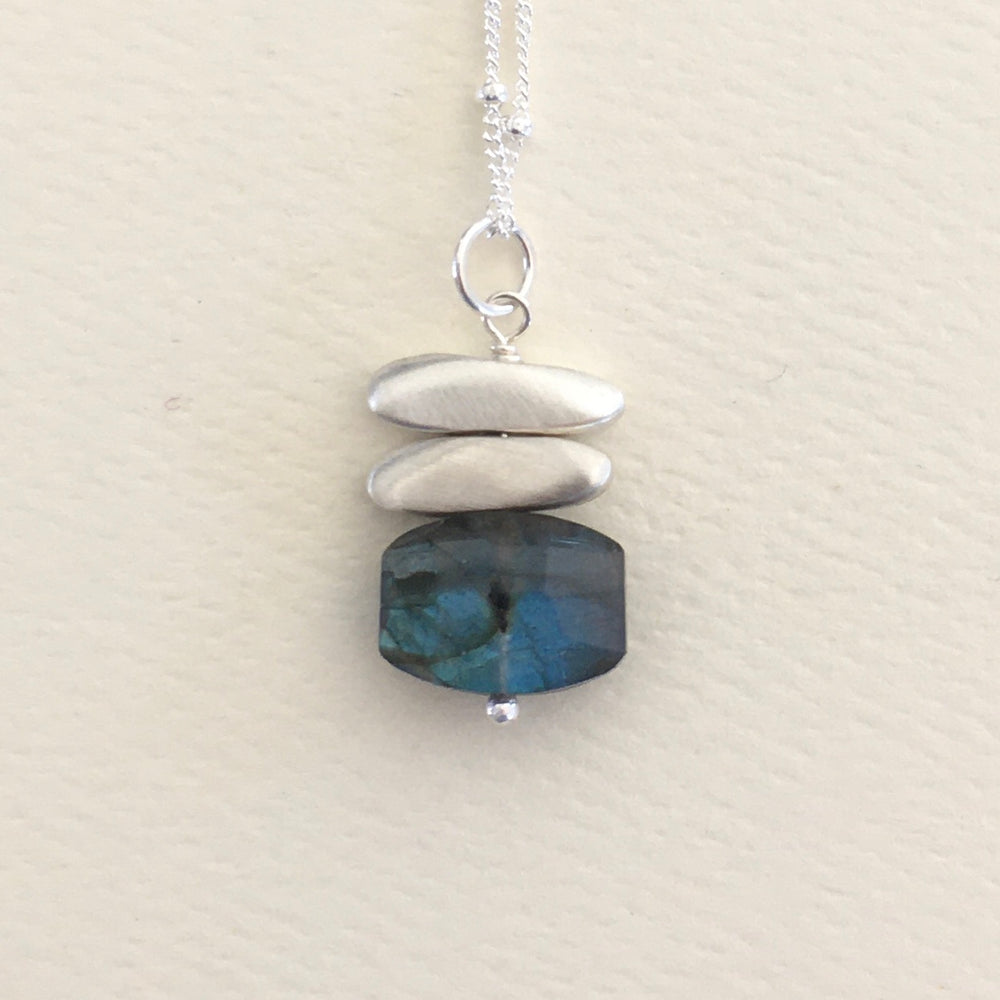 Stacked Brushed Sterling Silver Stones and Faceted Labradorite Pendant Necklace