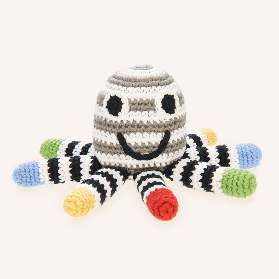 Fair Trade Organic Cotton Knit Black and White Octopus Baby Rattle