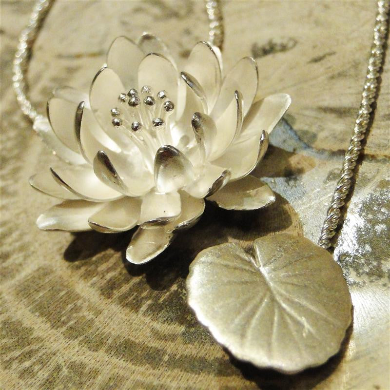 Large Water Lily Sterling Silver Pendant Necklace