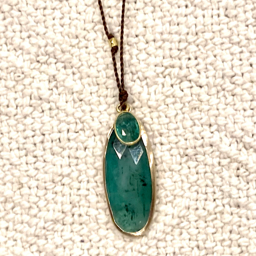 One of a Kind 14K Gold Framed Teardrop Emeralds on Cord Necklace