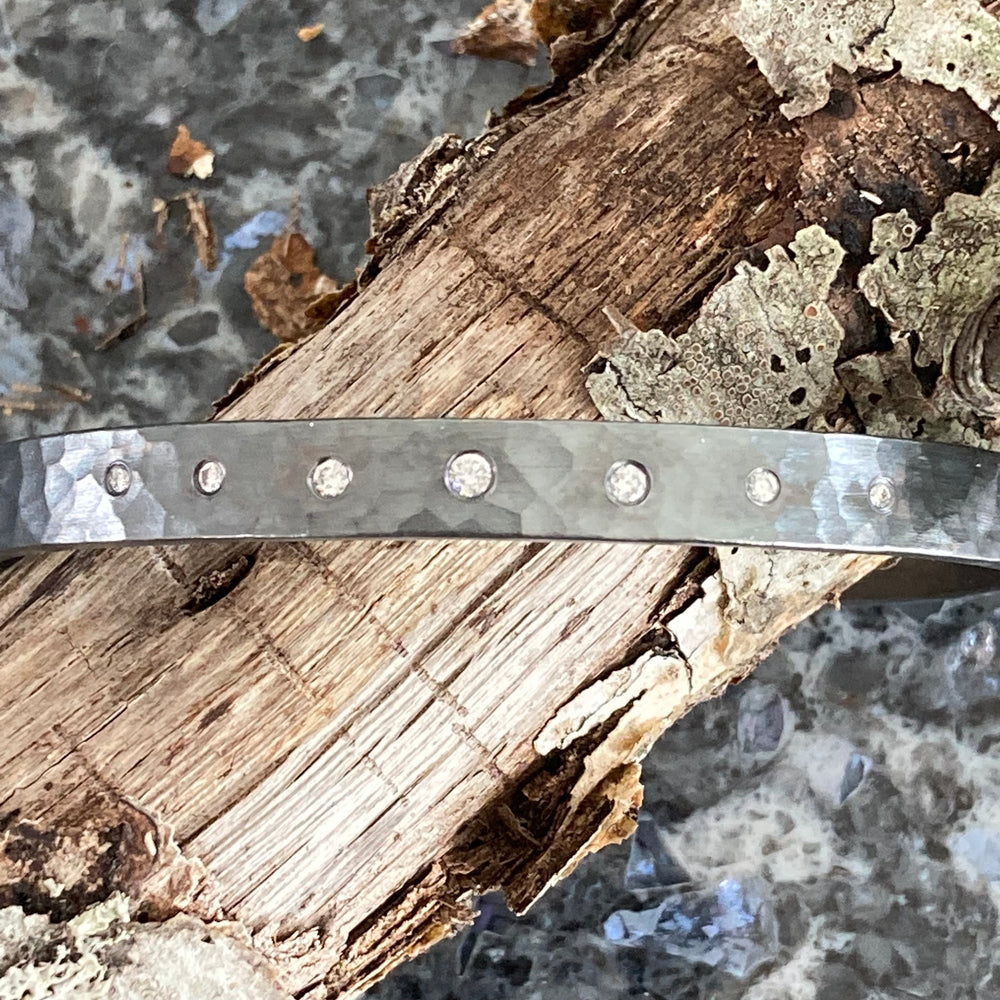 Hammered Oxidized Sterling Silver Cuff with Seven Graduated Diamonds