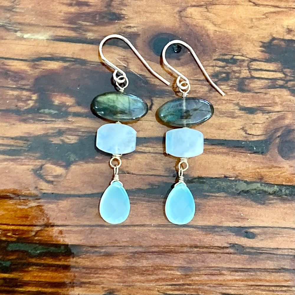 Stacked Labradorite Moonstone and Chalcedony Earrings