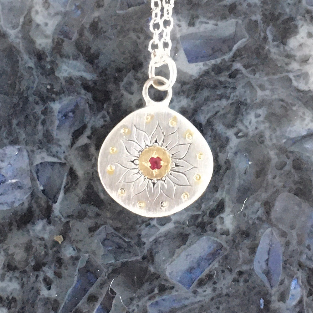 Sunflower Ruby 18K Gold and Sterling Silver Pendant Necklace