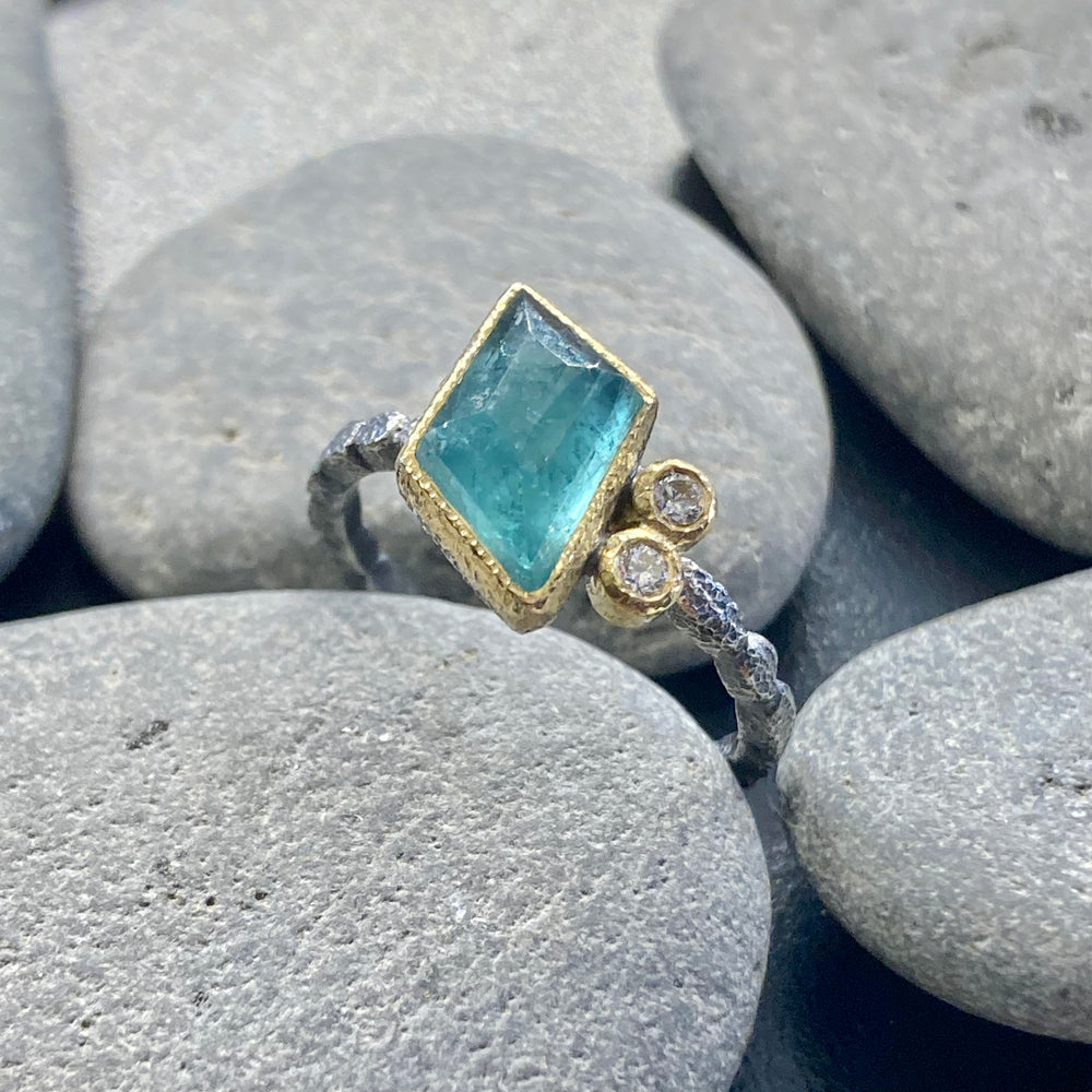 One of a Kind Faceted Blue Green Tourmaline, Diamonds, 18K Gold and Sterling Silver Mini Pebbles Stacking Ring