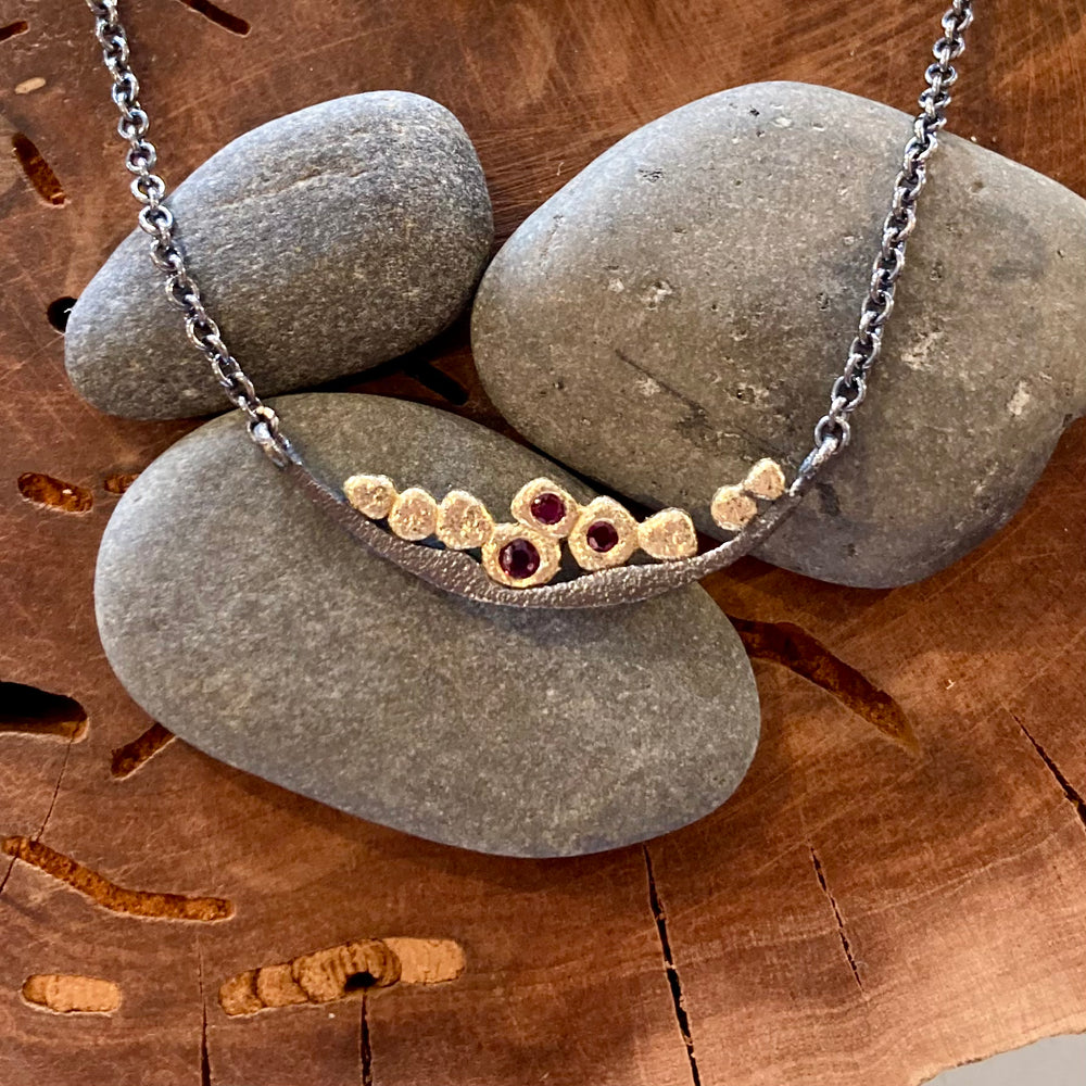 18K Textured Gold Pebbles and Rubies Oxidized Sterling Silver Bridge Necklace