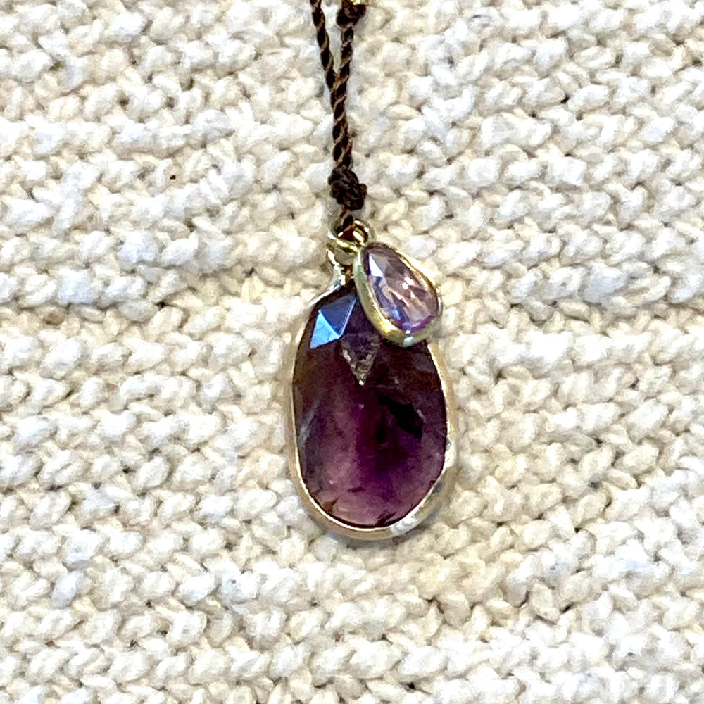 One of a Kind 14K Gold Framed Sacred Stone and Sapphire on Cord Necklace
