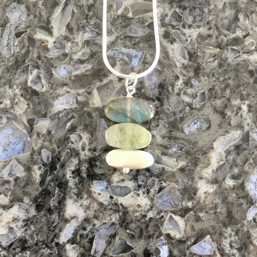 Short Stacked Aquamarine, Labradorite and Brushed Sterling Silver Stones Pendant Necklace