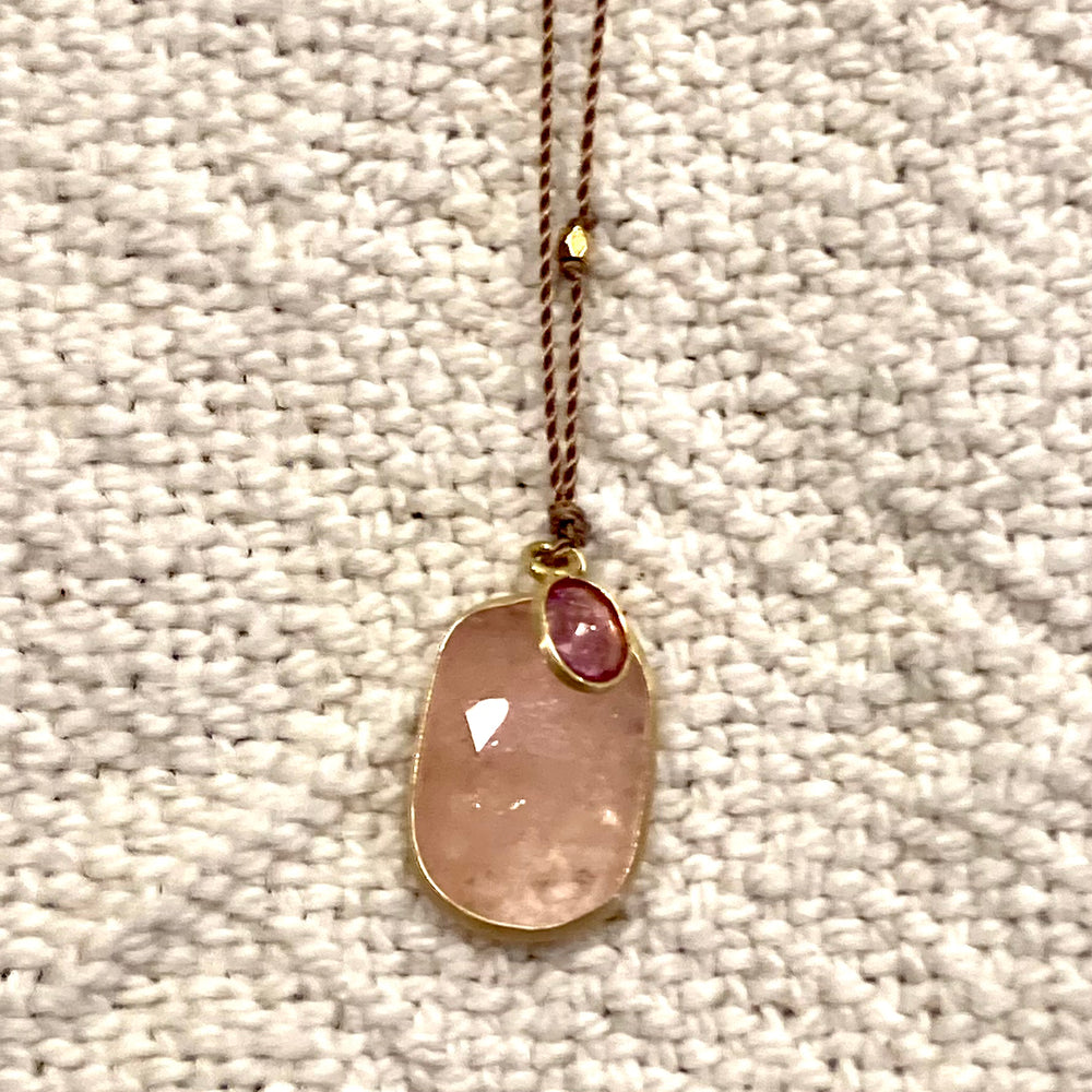 One of a Kind 14K Gold Framed Morganite with Tourmaline on Cord Necklace