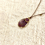One of a Kind 14K Gold Framed Ruby and Sapphire on Cord Necklace