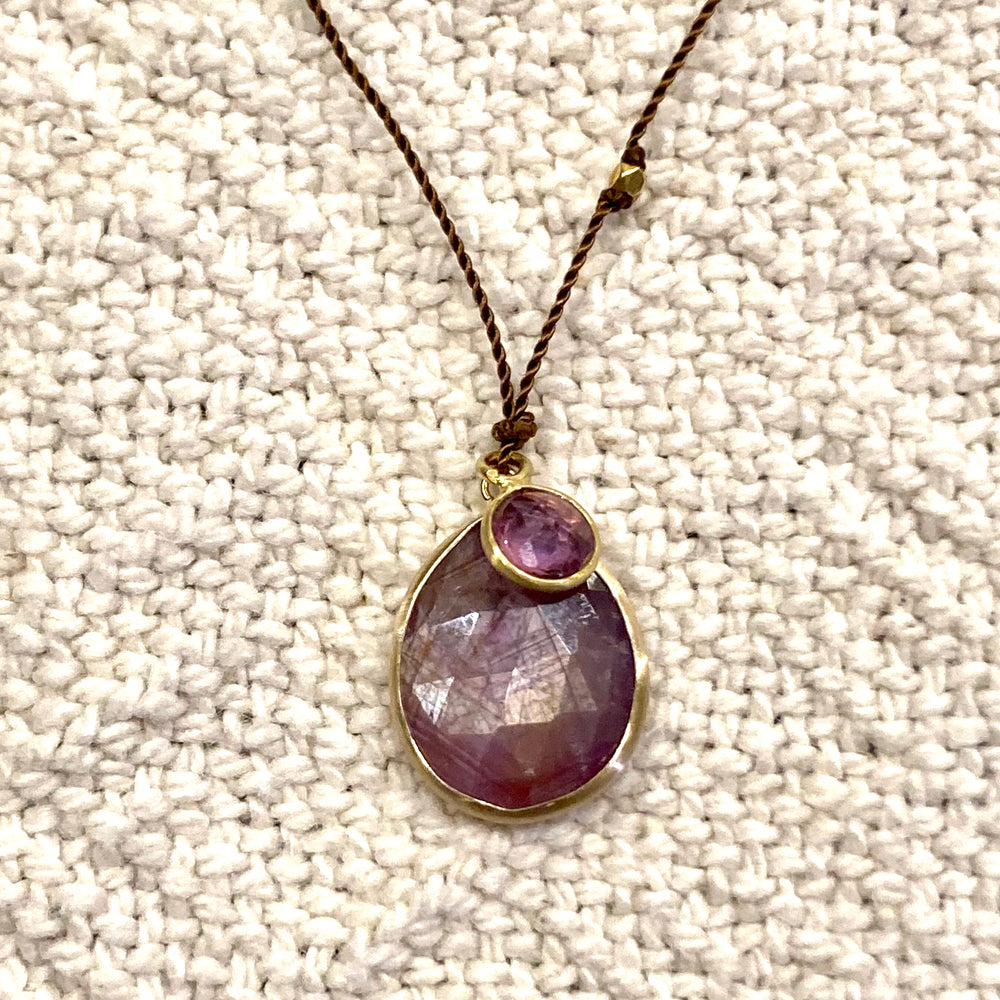 One of a Kind 14K Gold Framed Ruby and Sapphire on Cord Necklace