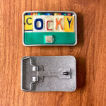 Cocky Upcycled License Plate Belt Buckle
