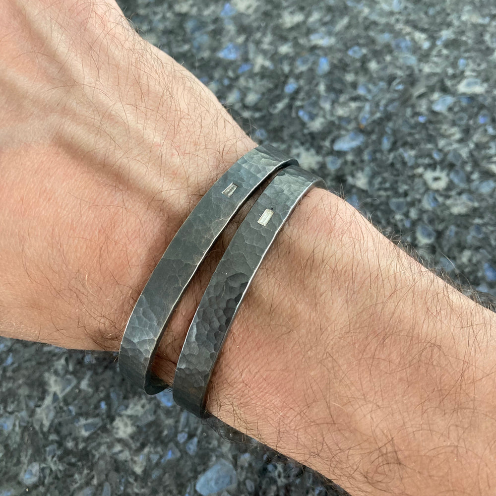 Hammered Oxidized Sterling Silver Cuffs with Baguette Diamond