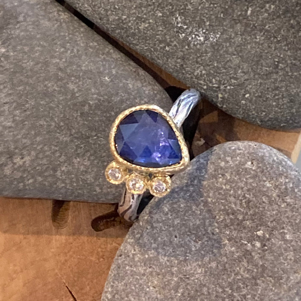 One of a Kind Faceted Sapphire and Diamonds 18K Gold and Sterling Silver Stacking Ring