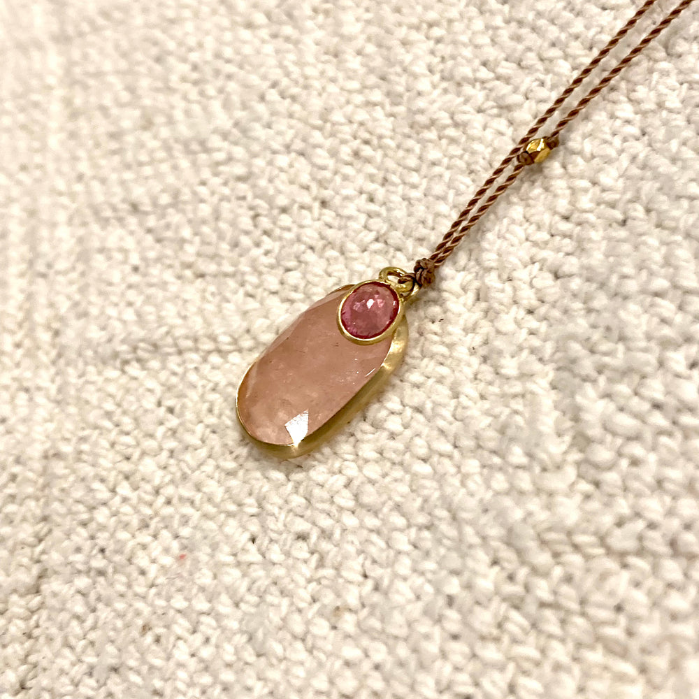 One of a Kind 14K Gold Framed Morganite with Tourmaline on Cord Necklace