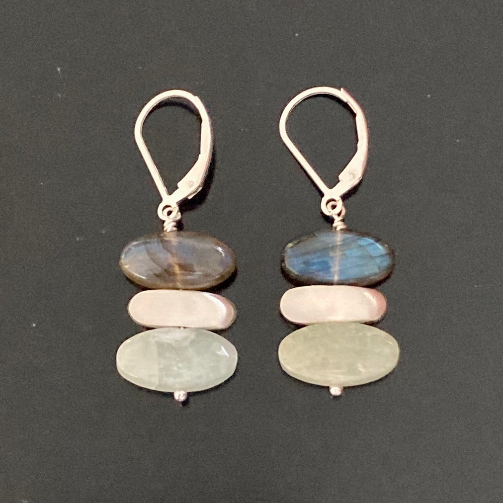 Stacked Aquamarine, Labradorite and Brushed Sterling Silver Stone Earrings
